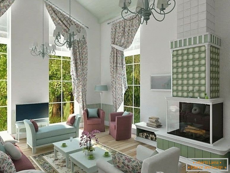 Living room with fireplace and panoramic windows in the country house