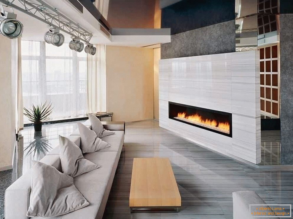 Living room with electric fireplace in high-tech style