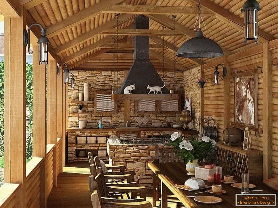 terrace with summer kitchen in country style