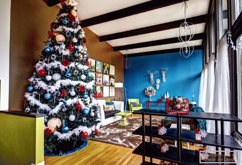 Dark green Christmas tree in white tinsel