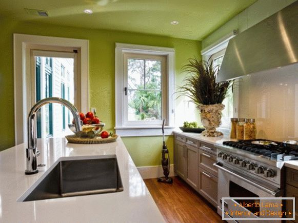 Kitchen design with green walls and ceiling
