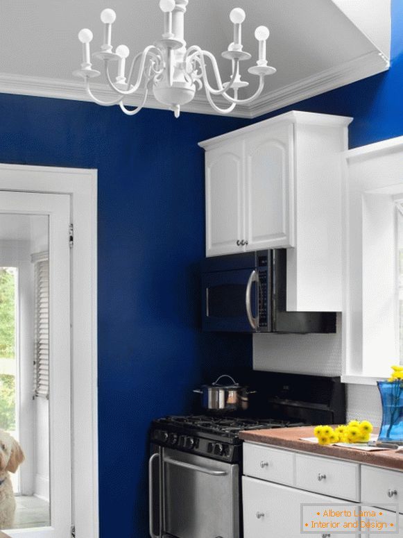 Kitchen with bright blue walls