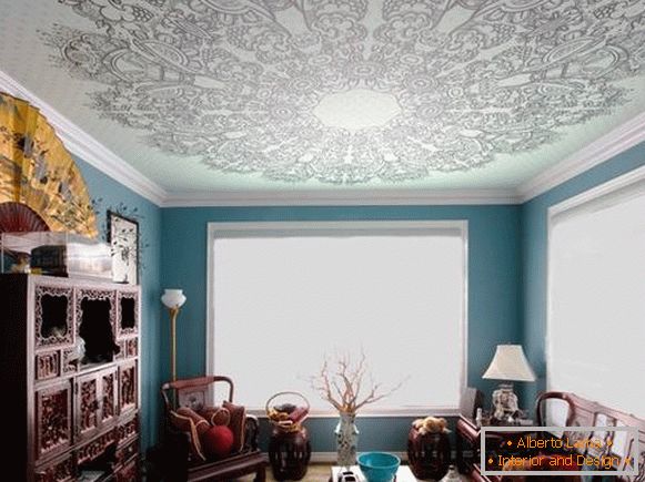 Design of a room with a blue stretch ceiling with a printed pattern photo 2016