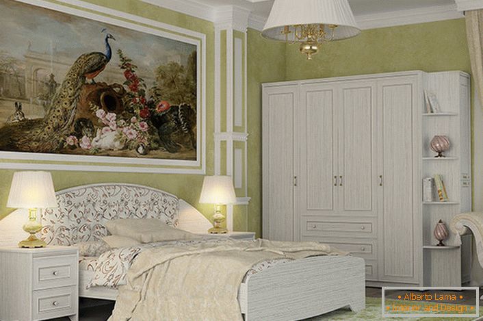 A stylish white suite designed for bedroom in country style. A remarkable feature of the interior is a large picture.