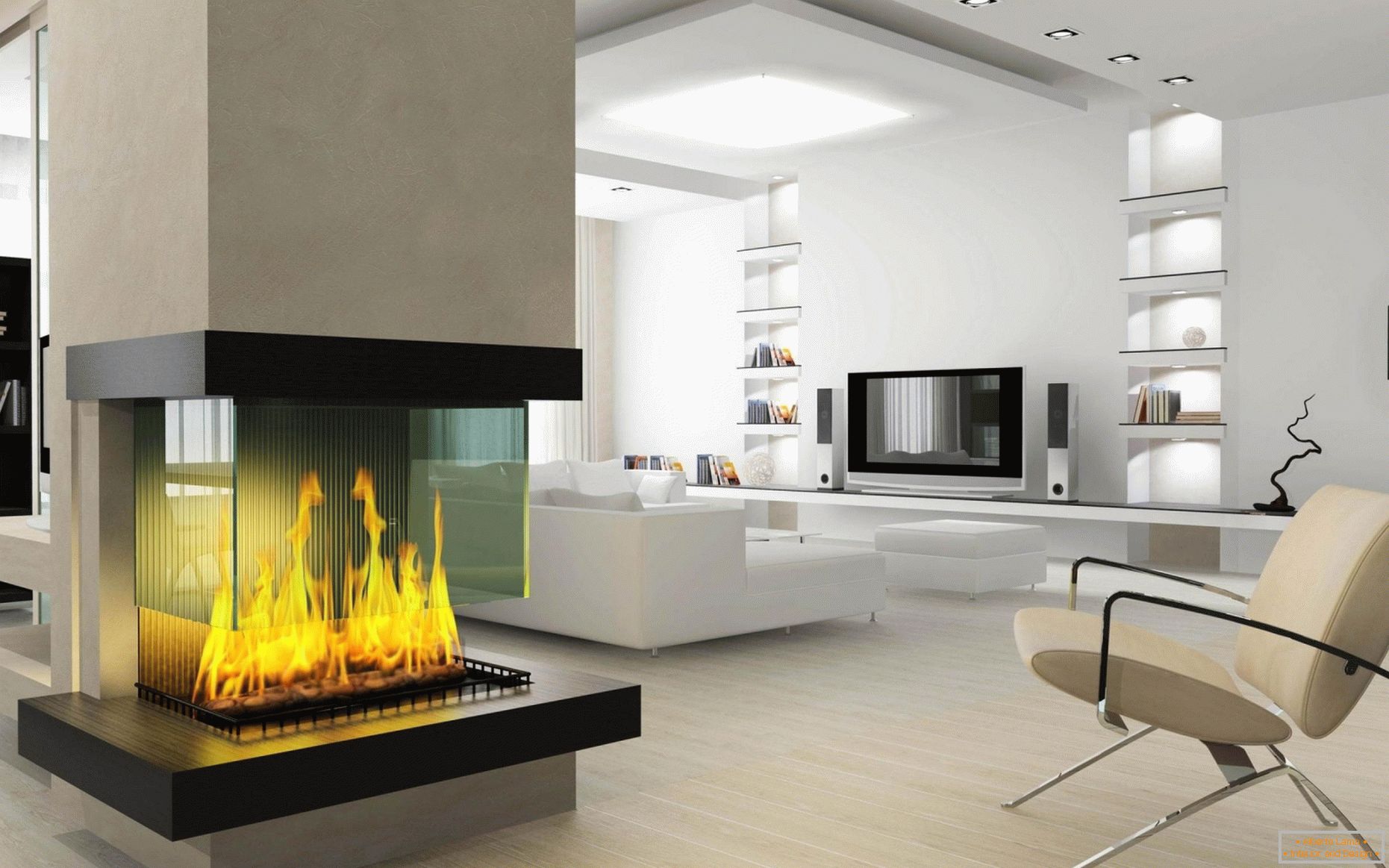 Fireplace in the interior of a modern living room photo