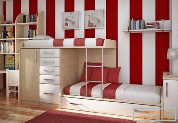 Red and white nursery for two children