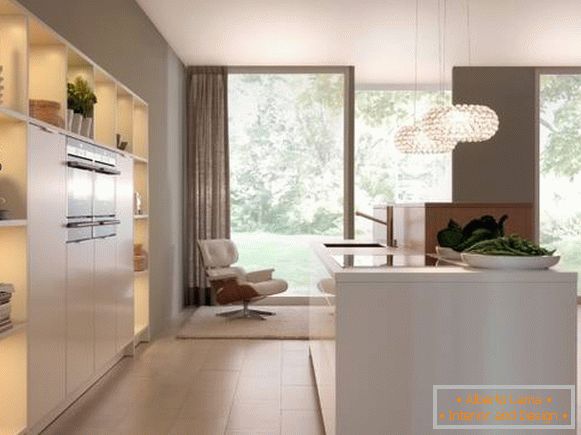 Long beige curtains for the kitchen in high-tech style