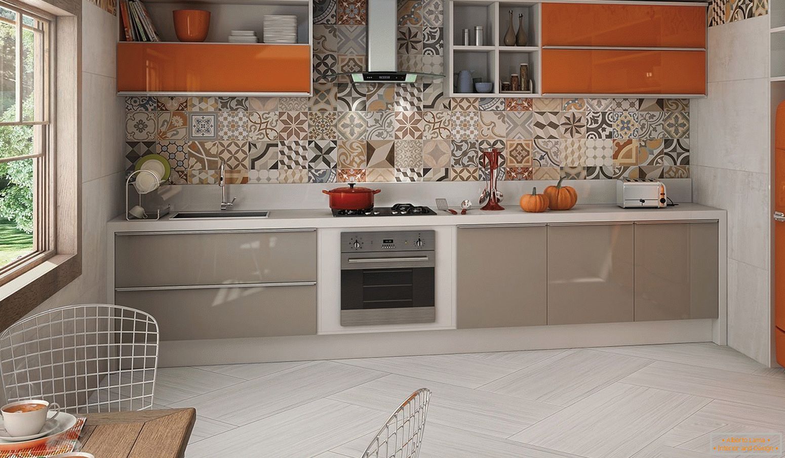 Apron of tiles in the kitchen