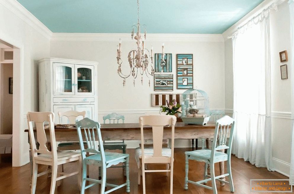 Dining room with painted ceiling