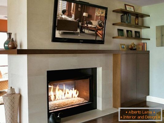 Fireplace, TV and floating shelves