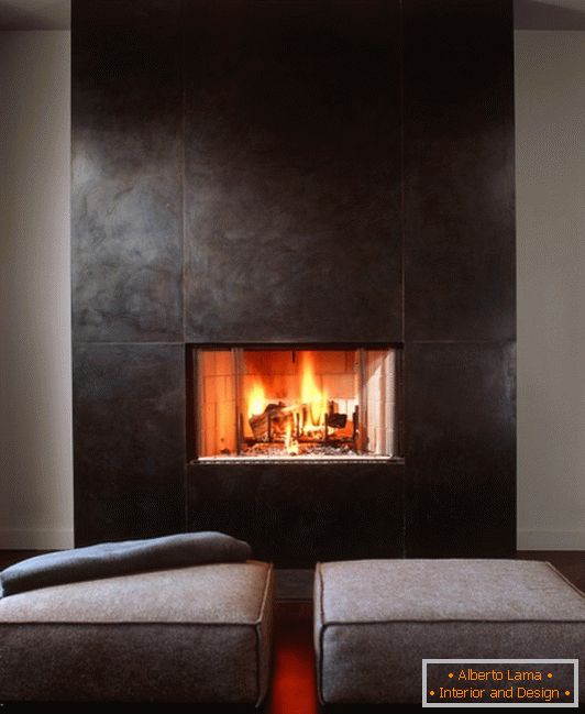 Minimalist interior with a fireplace