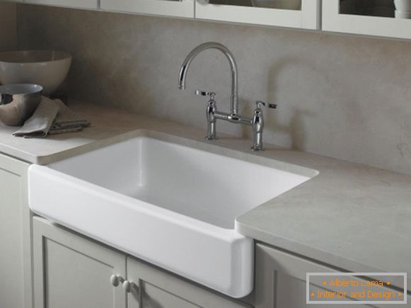 Built-in sink and gray furniture in kitchen design 2015