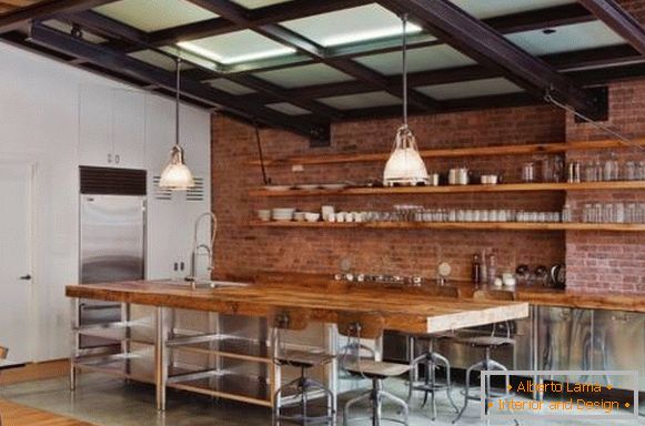 Fashionable loft-style kitchen with open shelves
