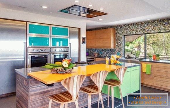 Unusual furniture and bright decor in the design of the kitchen