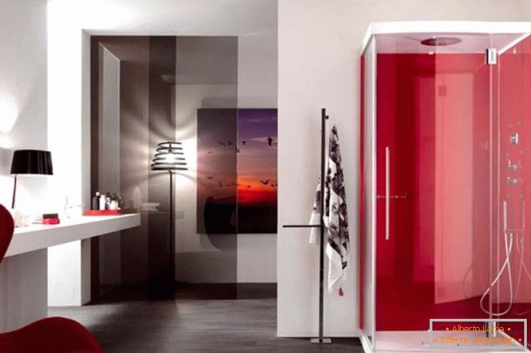 comfortable-egg-chair-on-awesome-red-bathroom-design-feat-glass-shower-door-plus-floating-vanity