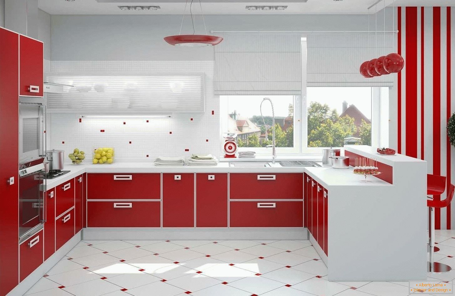 Red and white kitchen interior