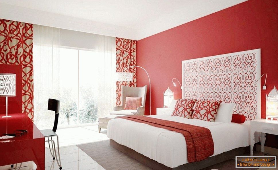 White furniture in a bedroom with red walls