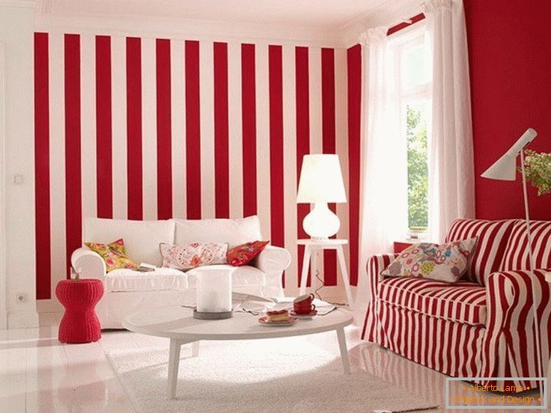 Striped wallpaper and sofa in the living room