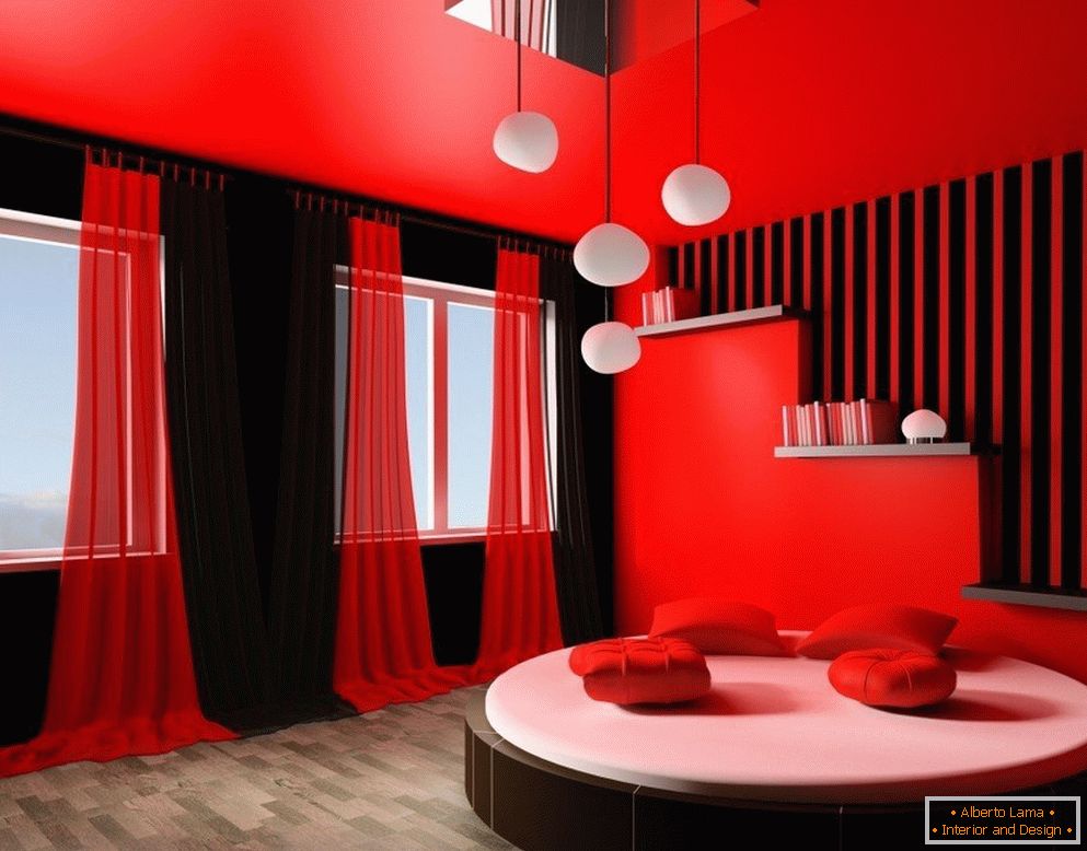 Red-black interior of the room