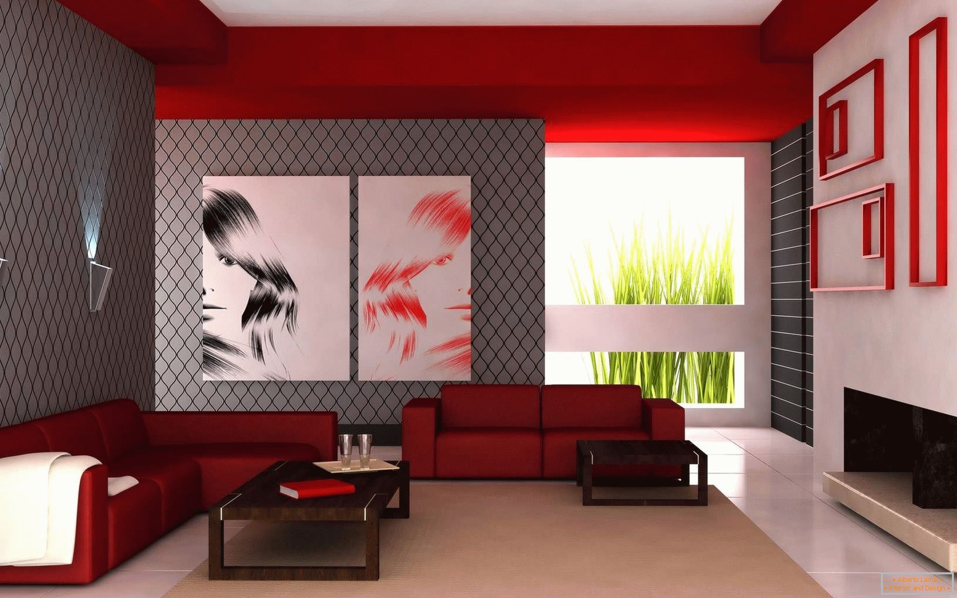 The combination of white, red and gray colors in the living room