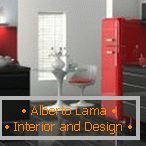 Red refrigerator and gray furniture in the kitchen