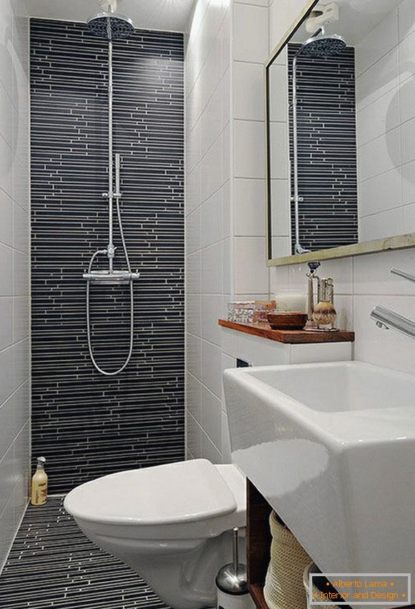 Narrow bathroom in black and white