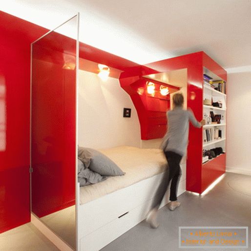 Transformable red and white bedroom