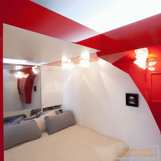 Transformable red and white bedroom