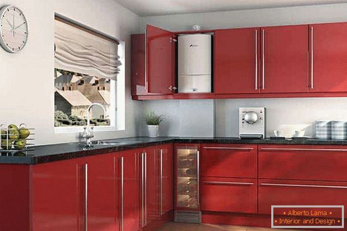 Red kitchen with boiler