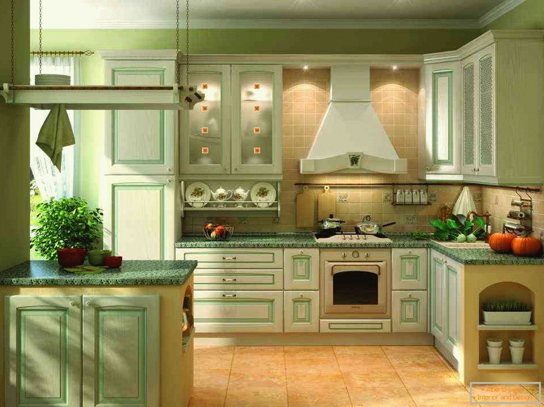 Olive color in the interior of the kitchen