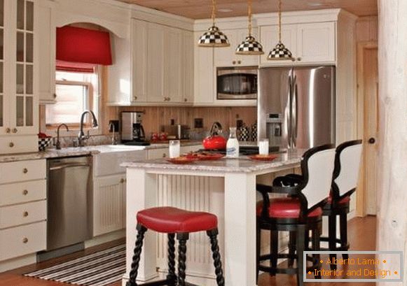 Bright kitchen interior in country style - photos in black and white and red colors