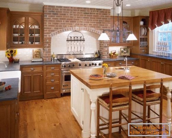 Rustic country kitchen with brick wall