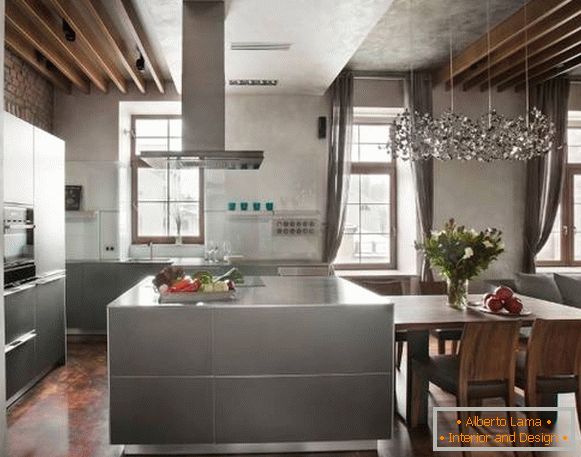 Kitchen interior in loft style - photos in gray and brown color