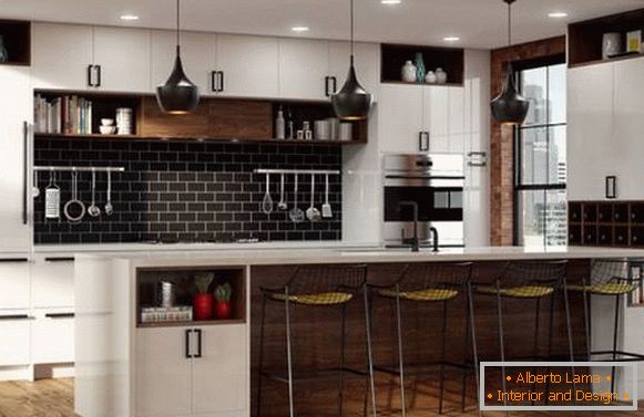 Kitchens in loft style - photo with tiles on the walls