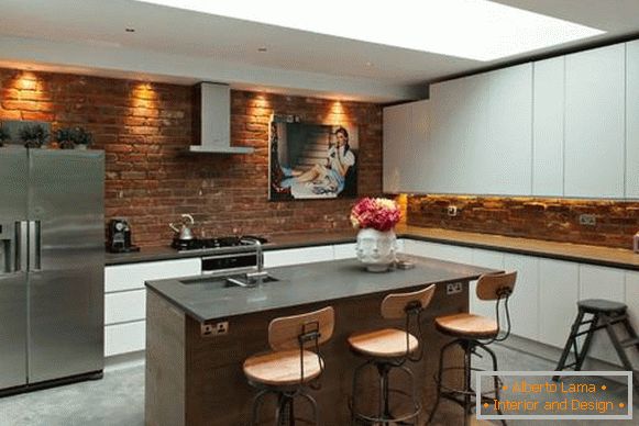 Kitchens in loft style with a brick - photo with white cupboards