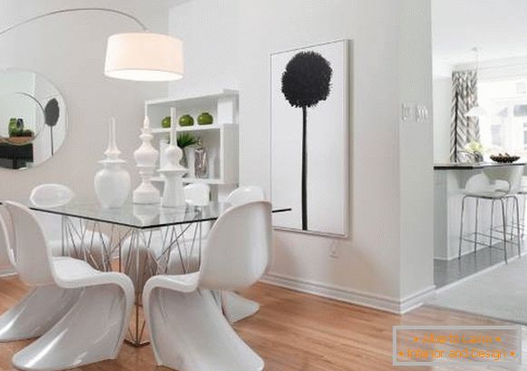 White Panton chairs and glass table