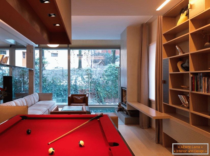 Interior design of the living room with a billiard table