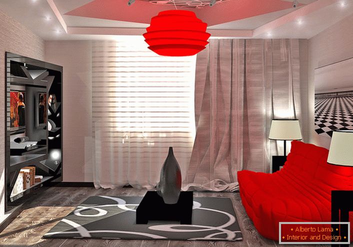 Chandelier in the style of high-tech bright scarlet color echoes with properly selected furniture.