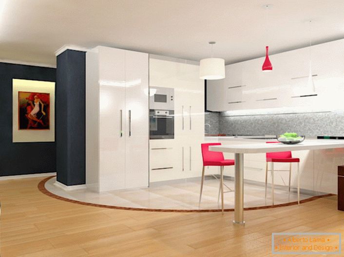 A spacious kitchen in the style of minimalism with a laconic kitchen set. Simplicity, practicality and functionality are woven into a single concept of style.