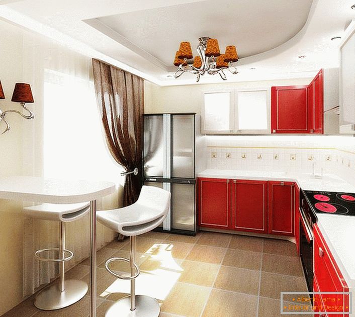 Design project for the kitchen in an ordinary apartment in Moscow. Contrast combination of colors, functional furniture, not burdened with furniture, laconic lighting - indices of impeccable style of the owner of the dwelling.