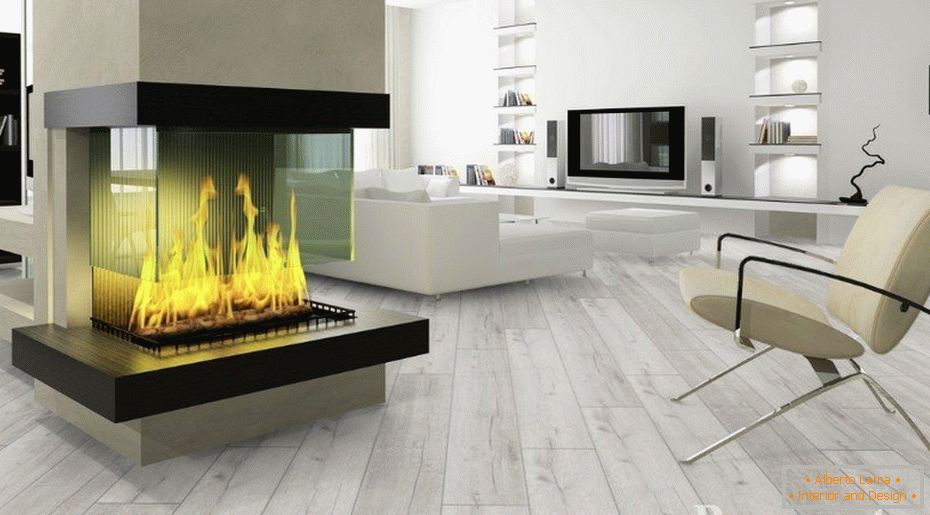 Laminate in the hall with a fireplace