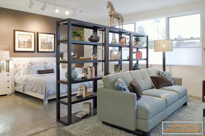 Element style loft-open multistory shelves in black.