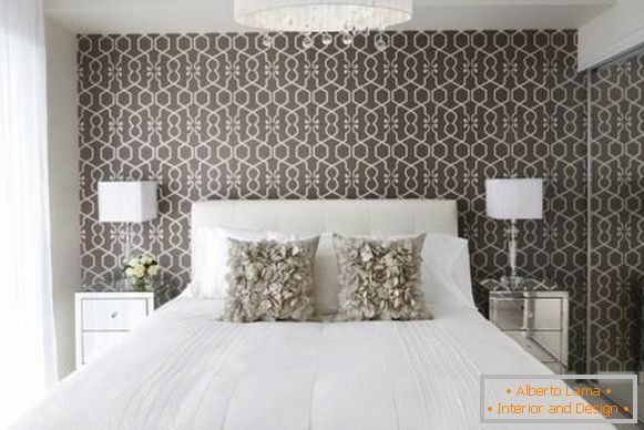 Beige with a pattern wallpaper in a bedroom photo 2015