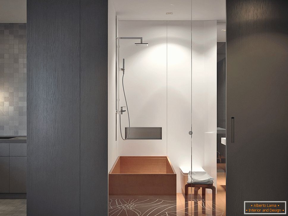 Wood and white shades in the bathroom interior