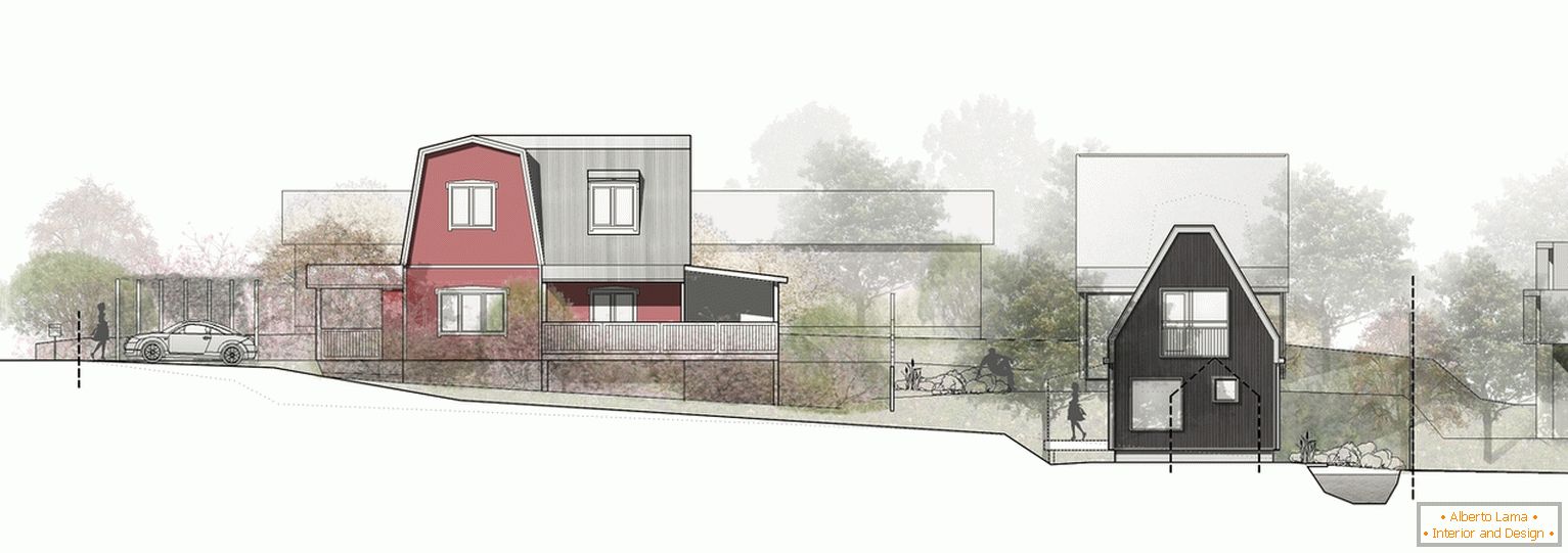 Facades of houses in a small cottage village - project