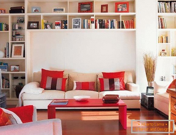 Red accents in the bright living room