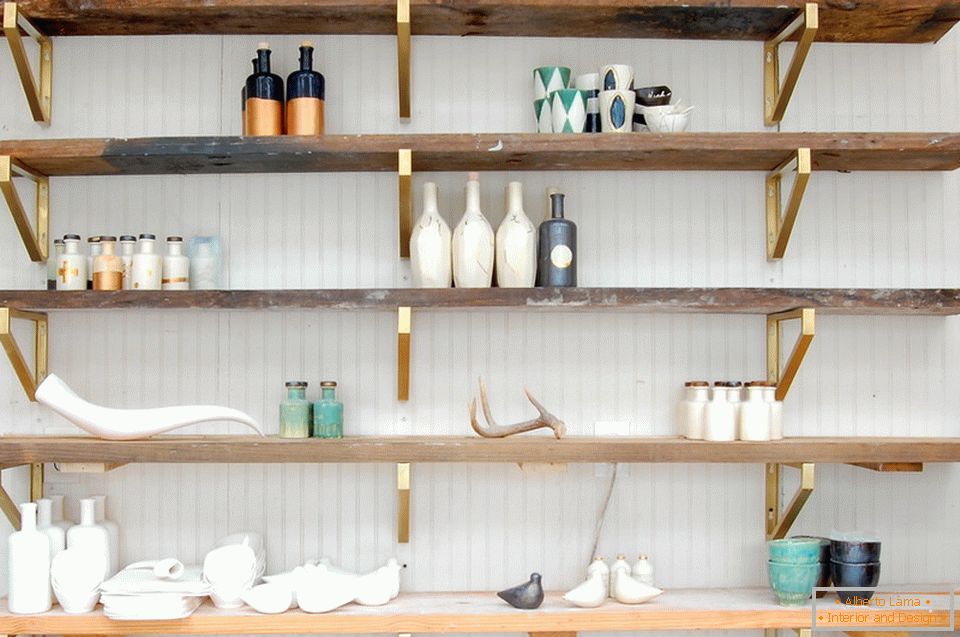 Wooden shelves in a ceramic workshop