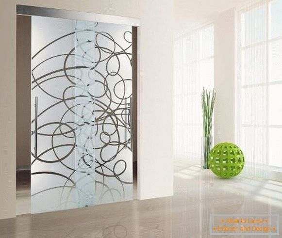 Glass sliding doors - photo with a picture in a modern style