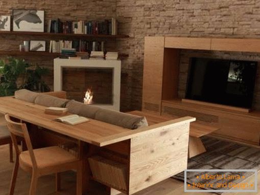 Stylish sofa with wooden bar shelf
