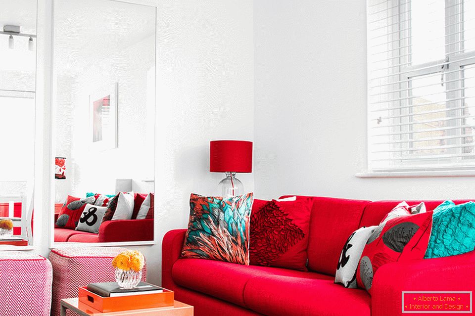 Red furniture and accessories in the white living room